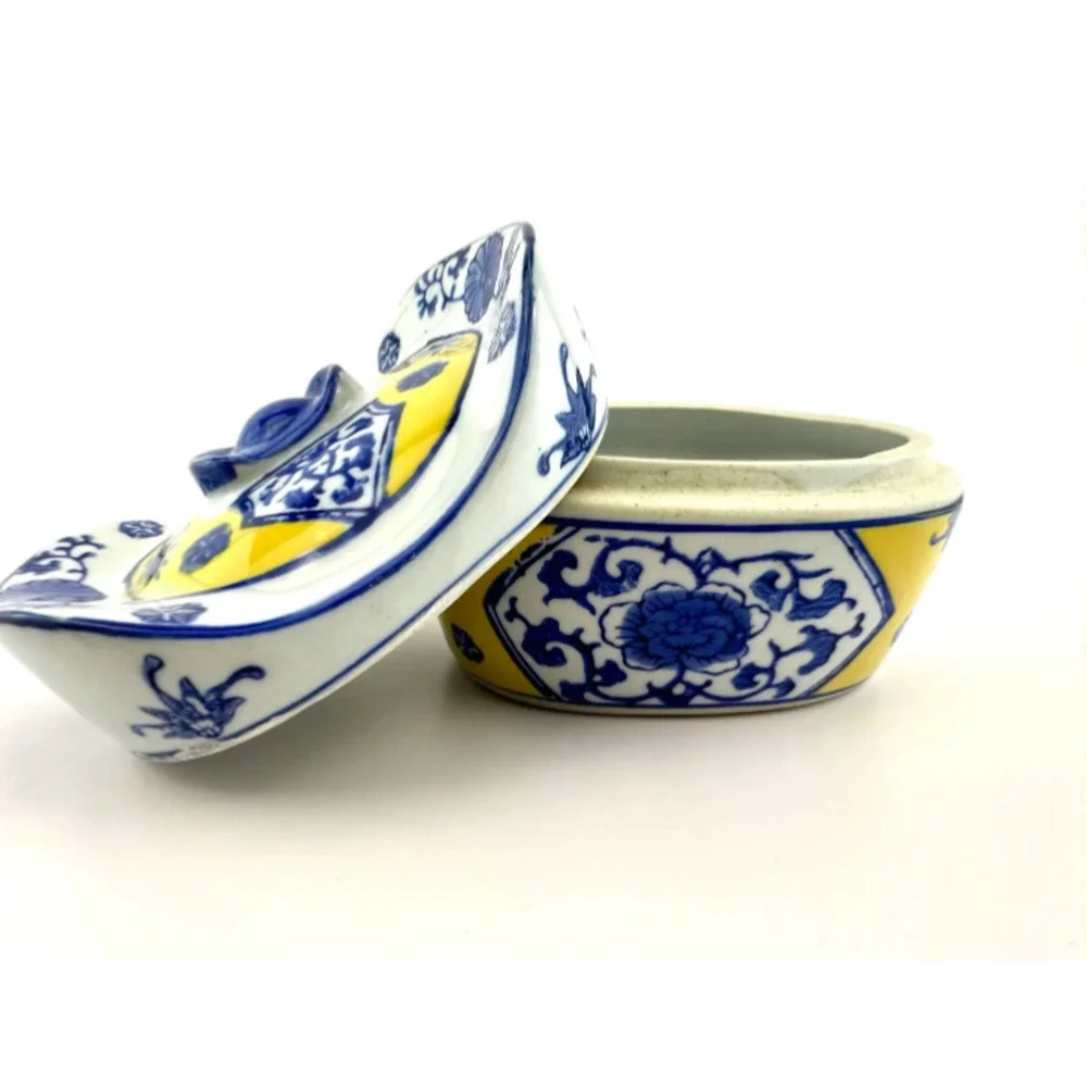 Chinese Vintage 1950s White, Yellow, and Blue Lucky Ingots Shaped Porcelain Box